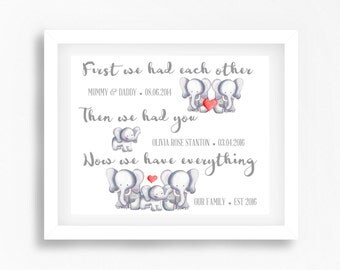 First We Had Each Other Print, Neutral Baby Gift, Nursery Quote Print, Elephant Nursery Art, Personalised Baby Print, Christening Gift