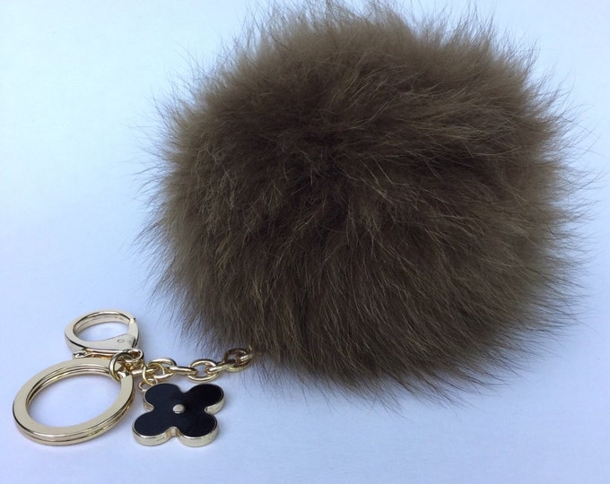 Brown Fur Pompon bag charm pendant Fur Pom Pom keychain with flower charm