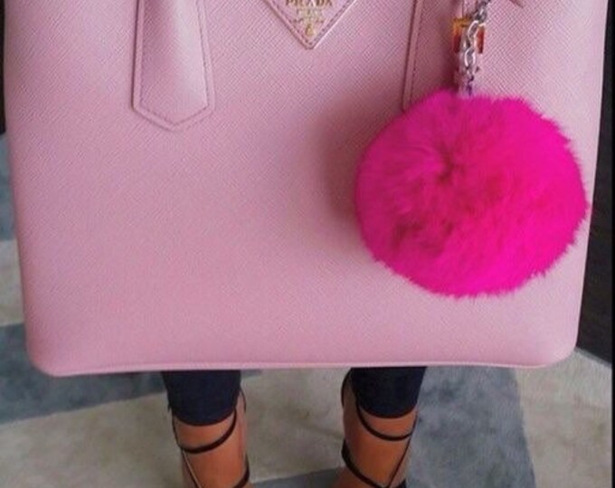 Instagram / Blogger Recommended Fuchsia Pink fur pom pom keychain REX Rabbit fur pom pom ball with flower bag charm