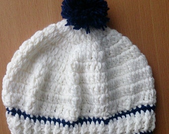 Crocheted White and Navy Blue Baby Sailor Hat with Pompom