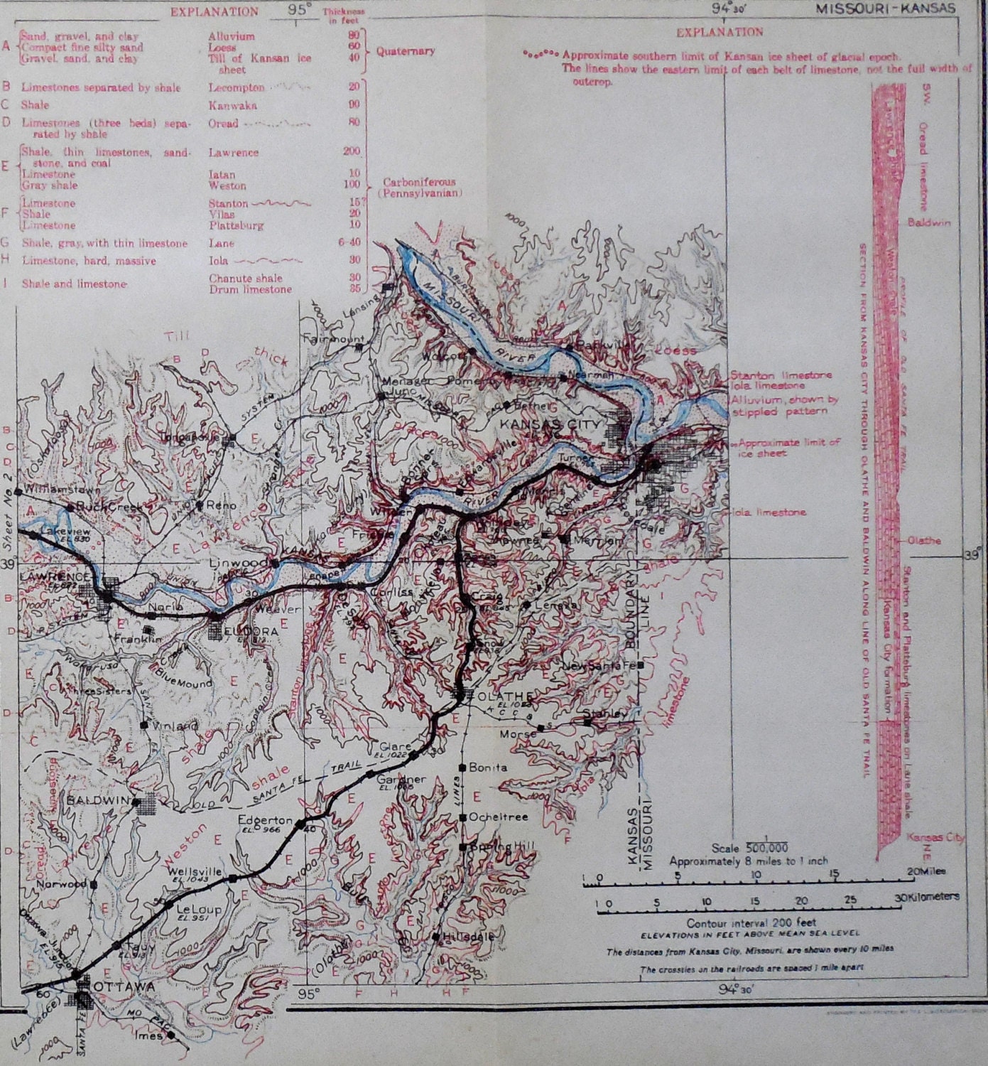 1915 Antique Kansas City Railroad Map Olathe Ottawa Bonner