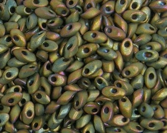 Miyuki, Long Magatama, Matte Metallic Khaki Iris, 4x7mm, Glass Seed Bead, (LMA-2035), 8.3 grams