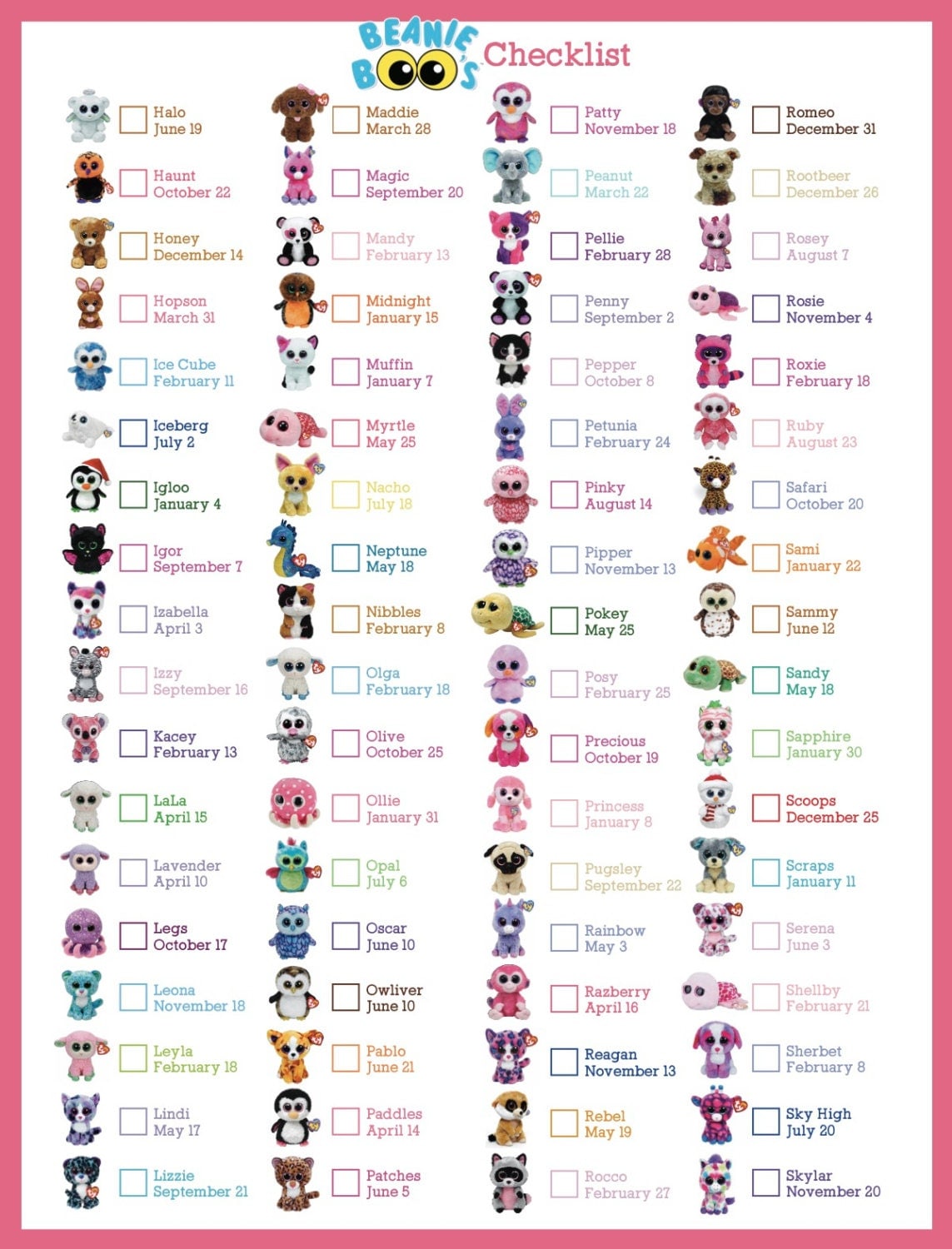 Beanie Boo Checklist Instant Download 8 x 10.5