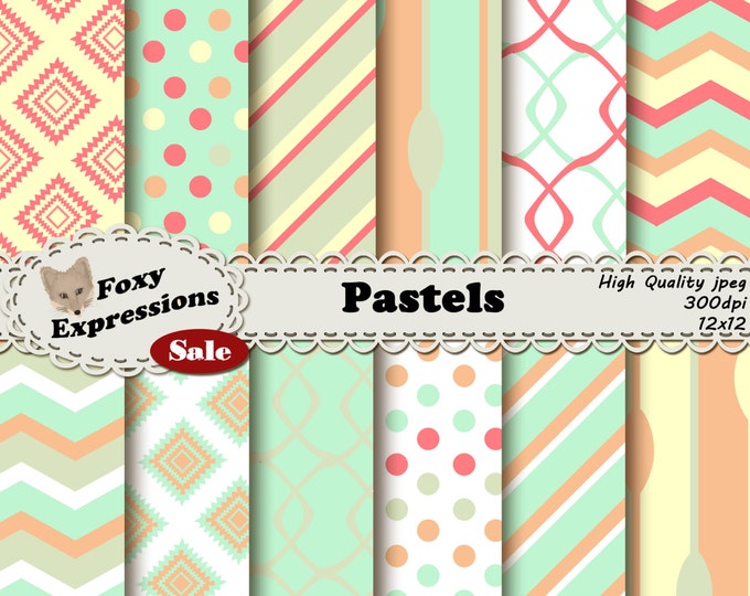 Pastels in shades of green,orange,yellow and red in damask, chevron, stripes, polka dots, chains, and spoons for personal and commercial use