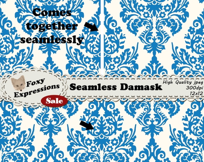 Seamless Damask comes in 6 colors each in 4 styles, 24 papers total. Each paper seamlessly tiles together to easily make backgrounds, etc.