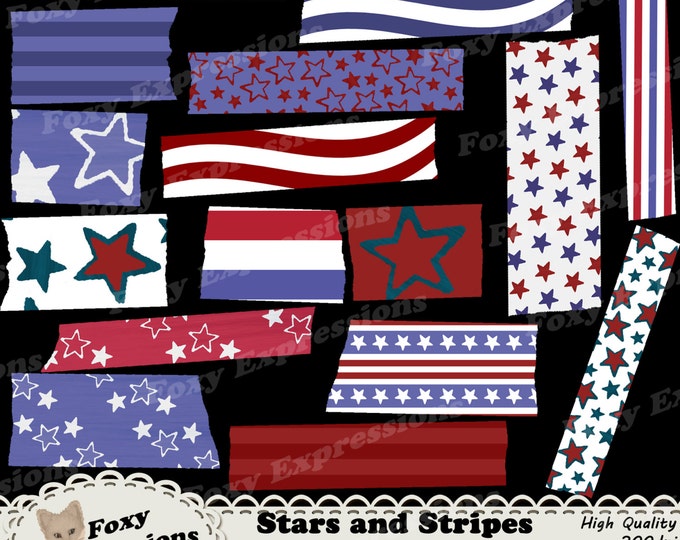 Stars and Stripes Digital Washi Tape pack comes in shades of red, white and blue with fun stars designs, waves, & stripes. Instant Download