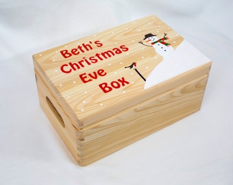 Christmas Eve Box, Personalised, Wooden, Hand-painted. Snowman Design, Large.