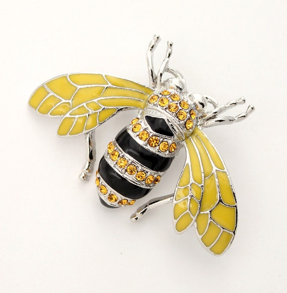 Bee Brooch Black Yellow Bumblebee Broach Crystal Rhinestone