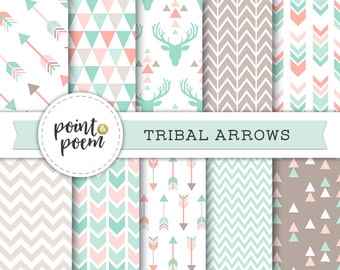 Arrows Tribal Digital Papers Pink Mint Green Printable Papers Arrows Triangles Chevron Antlers Deer Hipster