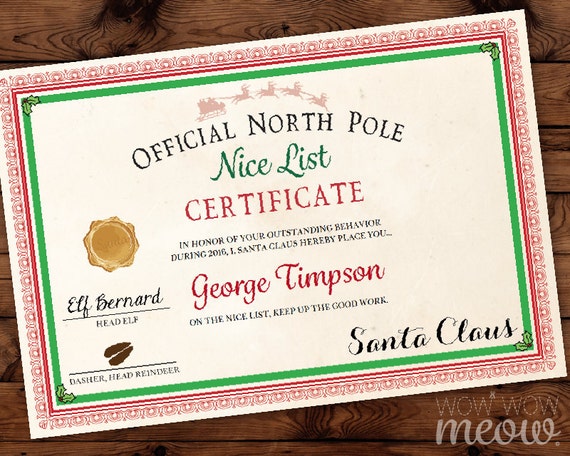 Official North Pole Nice List Certificate Santa Claus Letter