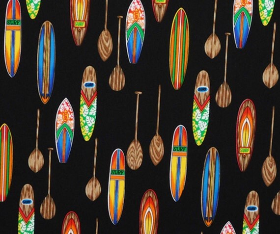 Colorful Surfboard Tropical Fabric Black by HawaiianFabricNBYond