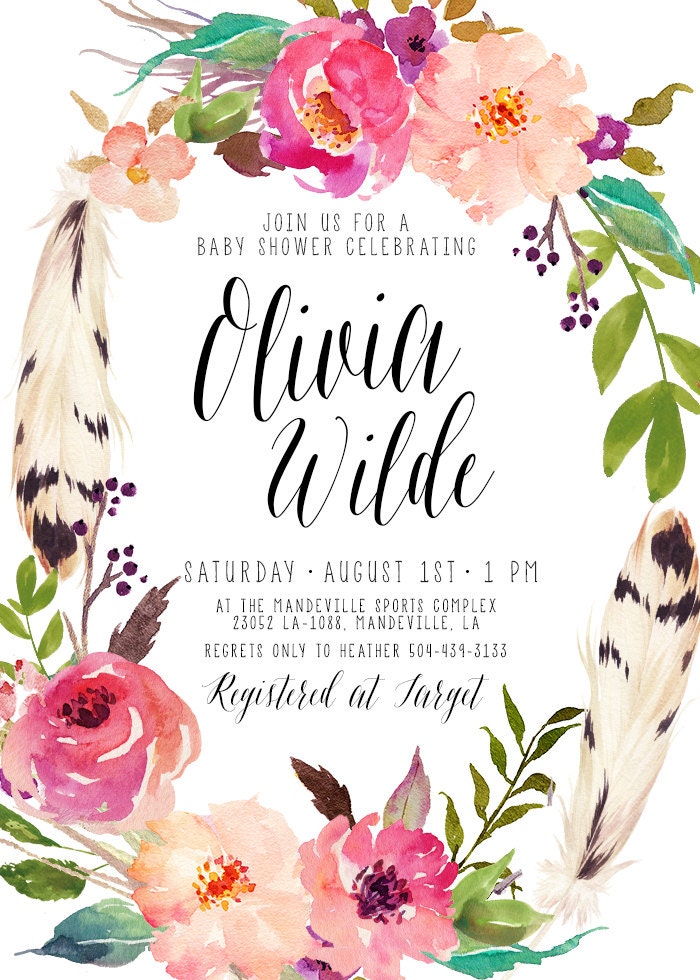 Boho Baby Shower Invitation Girl Feather Flower Watercolor