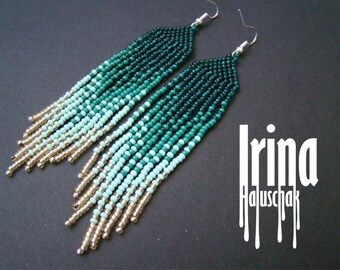 SUPER PRICE! Beaded earrings, seed bead earrings, modern earrings, boho earrings, fringe earrings, bead gradient from emerald to light gold
