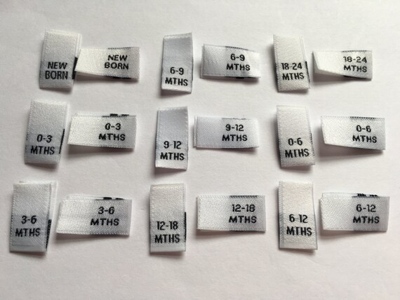 Baby WHITE Woven Size Pips Labels New Born 0-3 3-6 6-9 9-12
