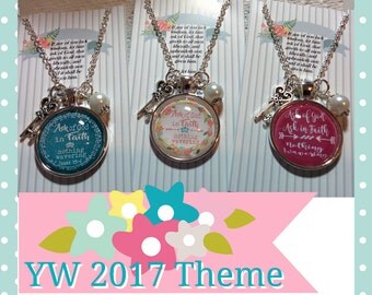 LDS 2017 Young Women Theme Necklace, If any of you lack Wisdom, charm and glass bead, glass dome, 24" chain, LDS gift
