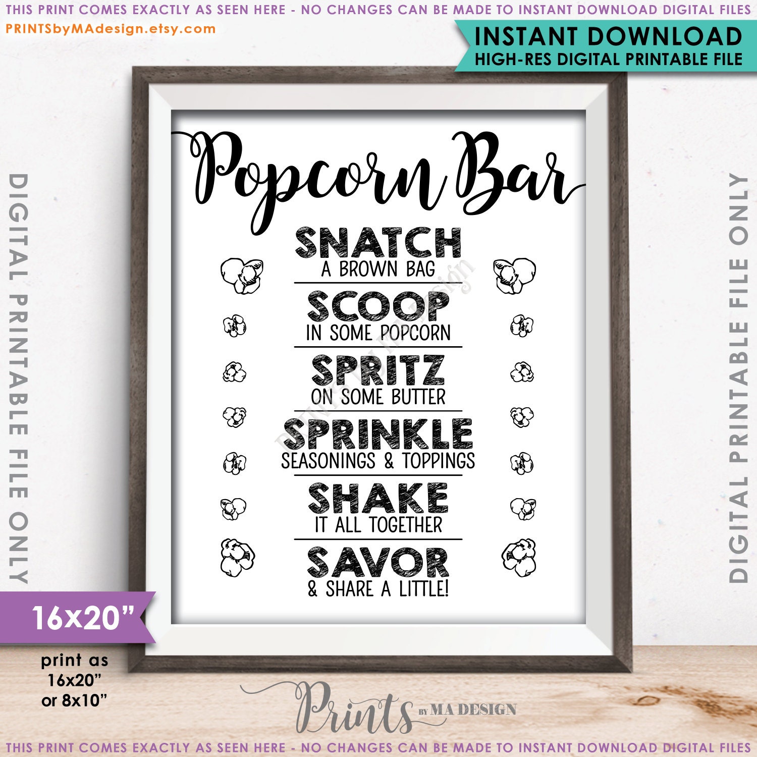 Popcorn Bar Sign, Popcorn Toppings, Popcorn Bar Directions, Wedding ...