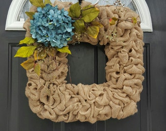 Square wreath, Hydrangea wreath, Flower wreath, Burlap wreath, Front door wreath, Year round wreath, Spring Wreath, Summer wreath