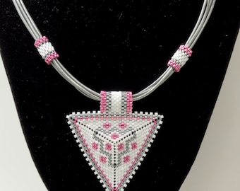 PEYOTE TRIANGLE LEATHER Necklace-PeyoteTriangle Pendant-White,Pink, Grey Miyuki Delicas-Metallic Grey Leather Cord-Boho Necklace-(TRN2)