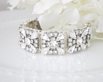 Swarovski rhinestone bridal bracelet, Art Deco cuff bracelet, Vintage wedding bracelet,