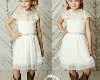 Stunning Flower girls dress,rustic flower girl dress, Off White lace dress,country flower girl, Lace and white tulle dress, Girls dress,