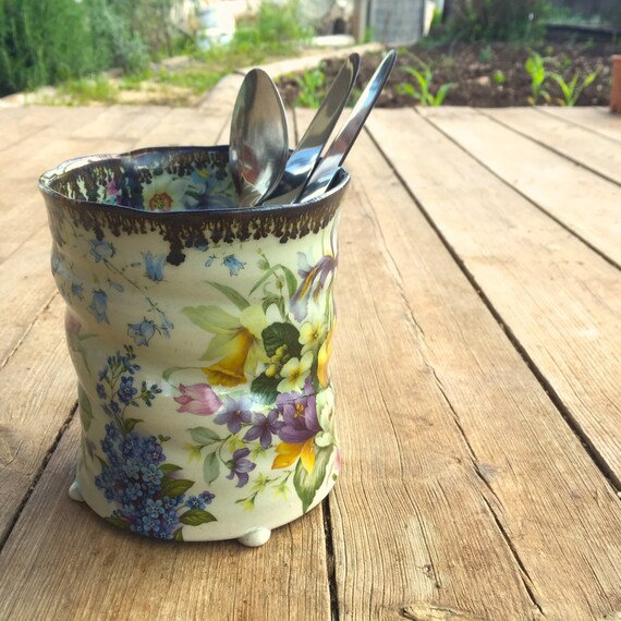 Large Ceramic Cutlery Holder Colorful Flower Design by OfreeStyle