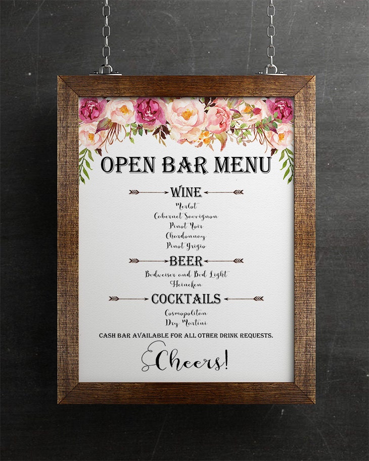 custom Wedding bar Menu sign open bar by HappyLifePrintables