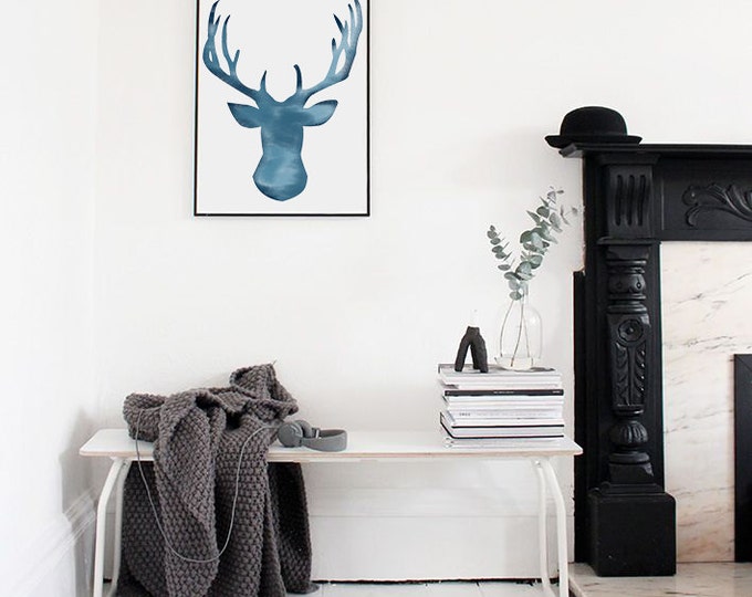 Reindeer Watercolour Illustration (Blue) - Printable Illustration / Blue Reindeer Poster / Reindeer Wall Art / Scandinavian Poster