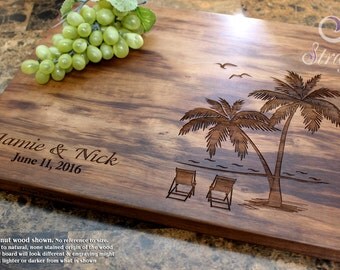 Beach With Palms Personalized Cutting Board - Engraved Cutting Board, Wedding Gift, Anniversary Gift, Housewarming Gift, Corporate Gift. 409