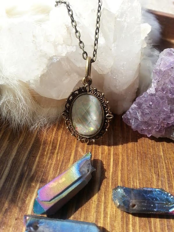 Bronze Opal Charm Necklace White Opal Pendant by TheGlitzyHen