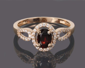 Garnet ring, 14k gold ring, Gemstone ring, Garnet ring gold, Halo ring, Gold halo ring, Woman gold ring, Promise gold ring