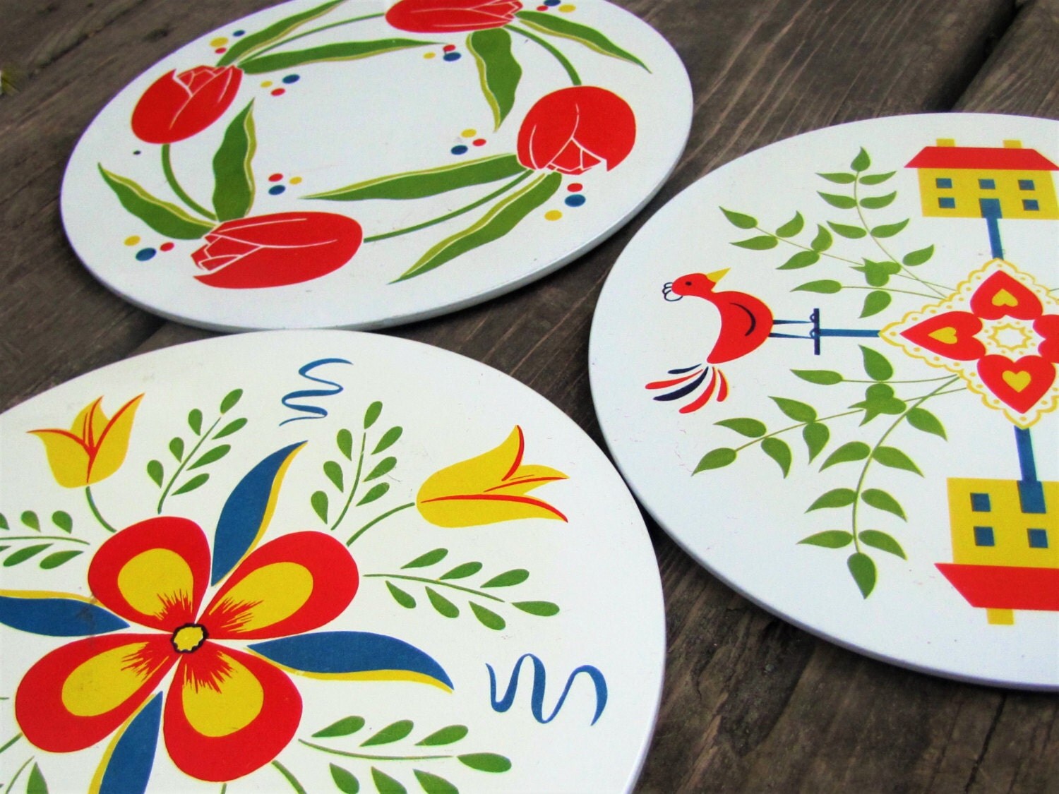 set of 3 vintage enamel trivets by MarthasVintageBazaar on Etsy