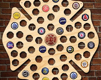 Firefighter Maltese Cross Engravable Beer Cap Map with Color Medallion - Fireman Decor, Man Cave, Home Bar, Gifts for Firefighters Christmas