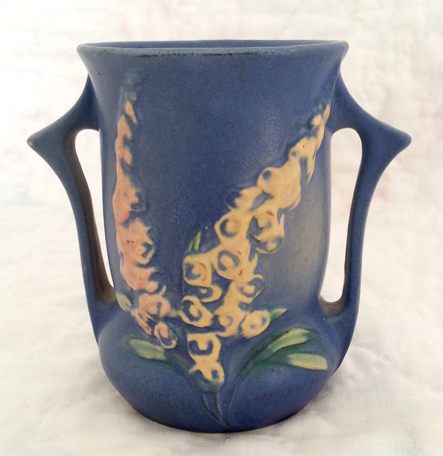 Roseville Pottery Blue Foxglove 424 Trophy Vase Two Handled