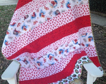 Elf on the Shelf Baby Quilt. Baby Blanket. Elves, Snowflakes, Deer. Backside is red with white snowfkakes.