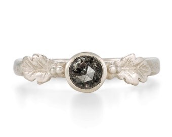 Salt & Pepper / Grey Rose Cut Diamond, Oak Leaf Ring in 9ct White Gold - Alternative Engagement Ring, Made To Order By Hand