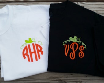 Pumpkin Monogram Shirt, Fall Monogrammed Shirt, Monogrammed Shirt, Pumpkin Monogram, Circle Monogram, Vine Monogram, Master Monogram