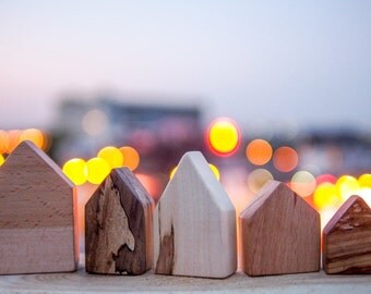 Wooden houses, wooden house decoration, Wood toy houses - set of five, home decoration, tabletop wood art sculptures, wooden block houses