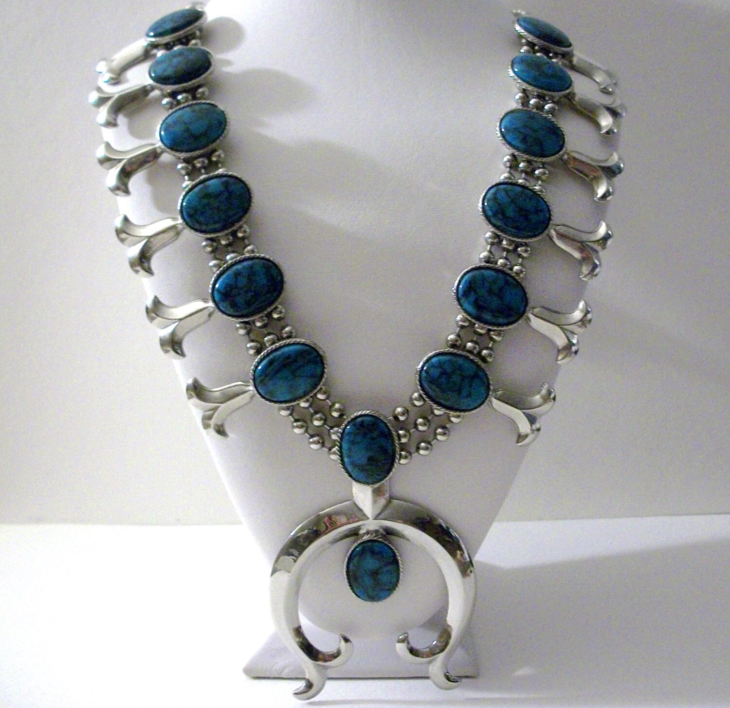 Vintage Goldette SQUASH BLOSSOM Necklace Faux Turquoise Triple