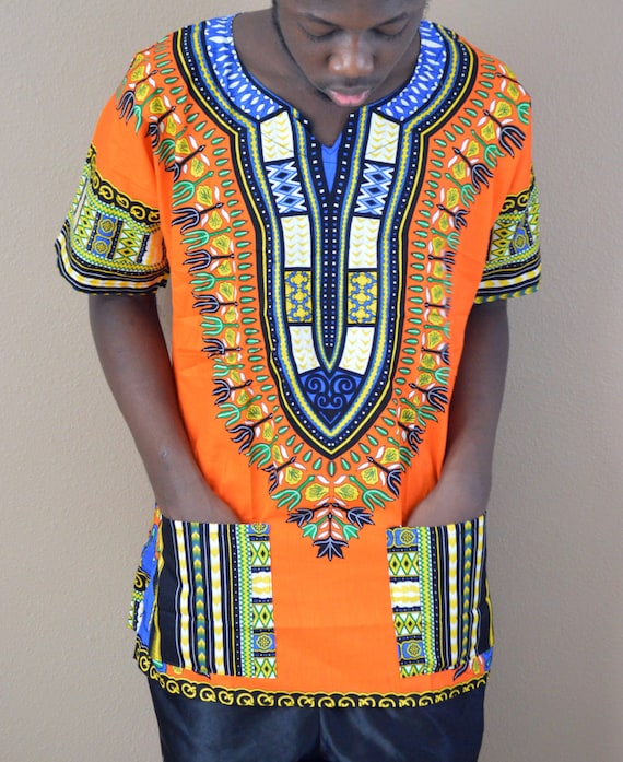 Men Handmade Orage Dashiki Caftan Shirt Tribal African Top