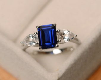 Sapphire ring, three stone ring, promise ring, sterling silver, September birthstone ring