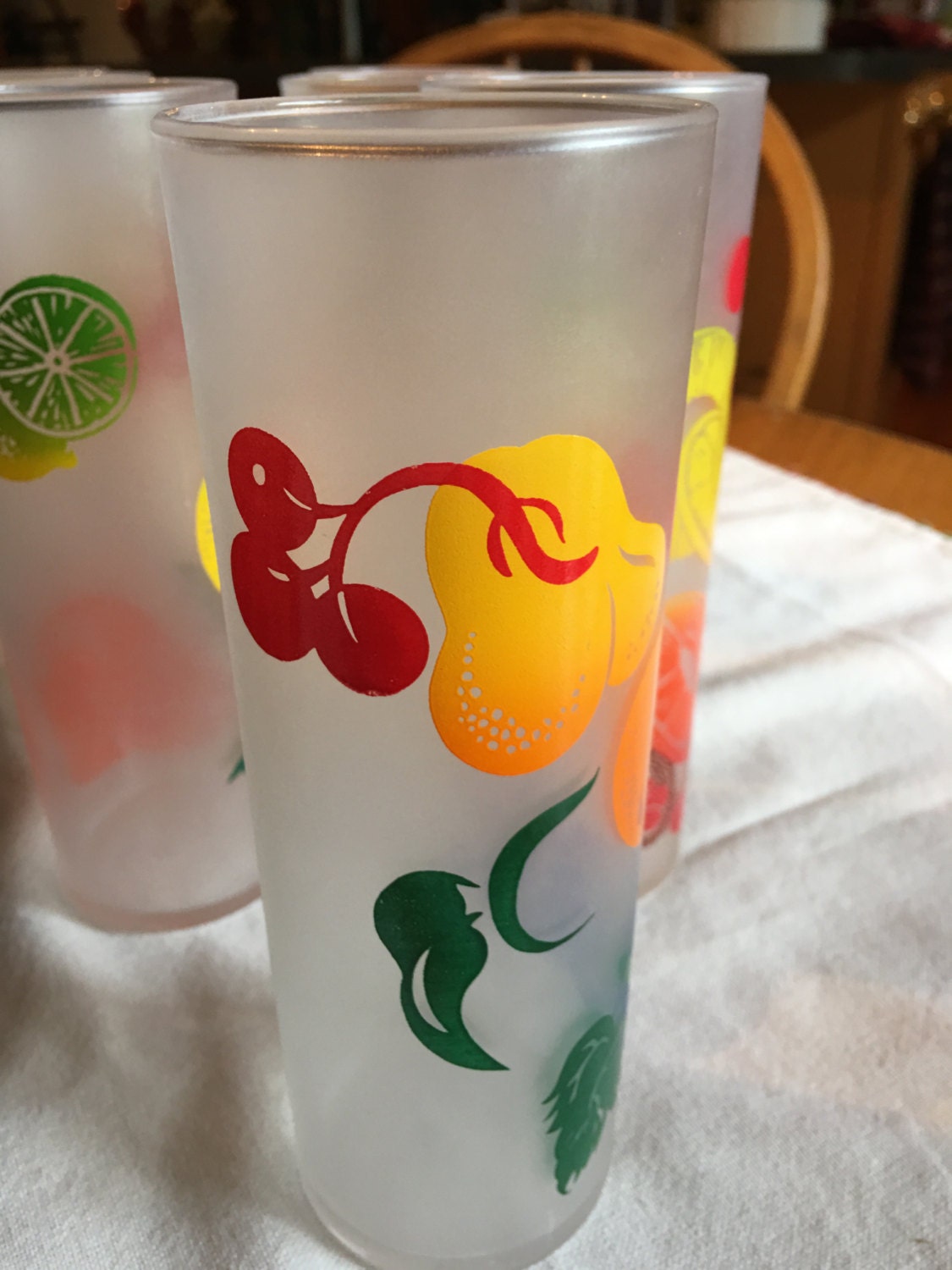 Vintage Federal Glassware Frosted Fruit Pattern Set of 7