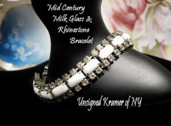 Vintage Wedding Bride Jewelry Milk Glass Rhinestone Bracelet Mid Century Hollywood Unsigned KRAMER New York NY Milk Glass Lozenge Bracelet