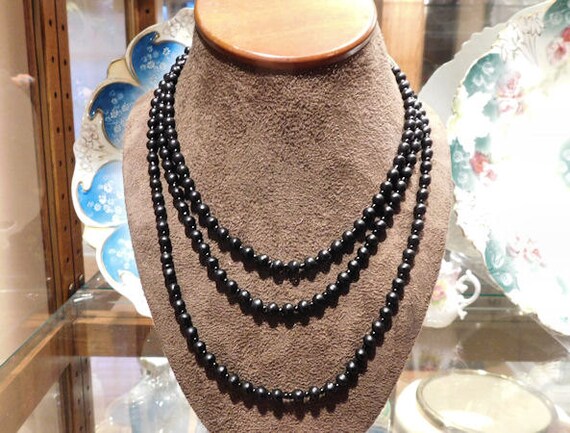 Matte Black Onyx Beads Beaded Necklace Mourning Jewelry Art Deco 1920s 20s Antique Flapper Necklace Jasper Stone 54" Rope Length Hand Strung