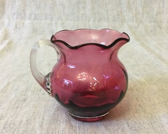 Vintage Hand Blown Pilgrim Art Glass 6 Ounce Cranberry Creamer or Small Pitcher with Clear Reed Handle