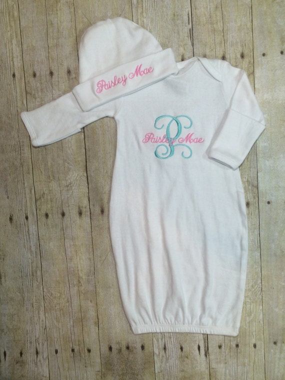 Personalized Newborn Baby Gown and Cap Going Home Outfit