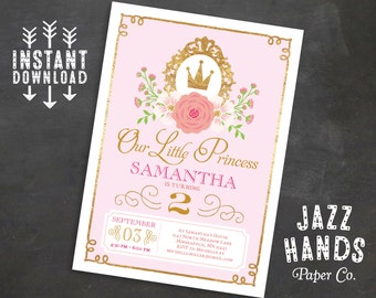 Princess Birthday Invitation, Pink and Gold Birthday Invitation, Our Little Princess, Girl Birthday, Gold Crown, Instant Download, Template