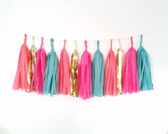 Coral, fuchsia, teal and gold tassel garland - coral and pink - coral pink wedding - fushia and teal party - glam garland party