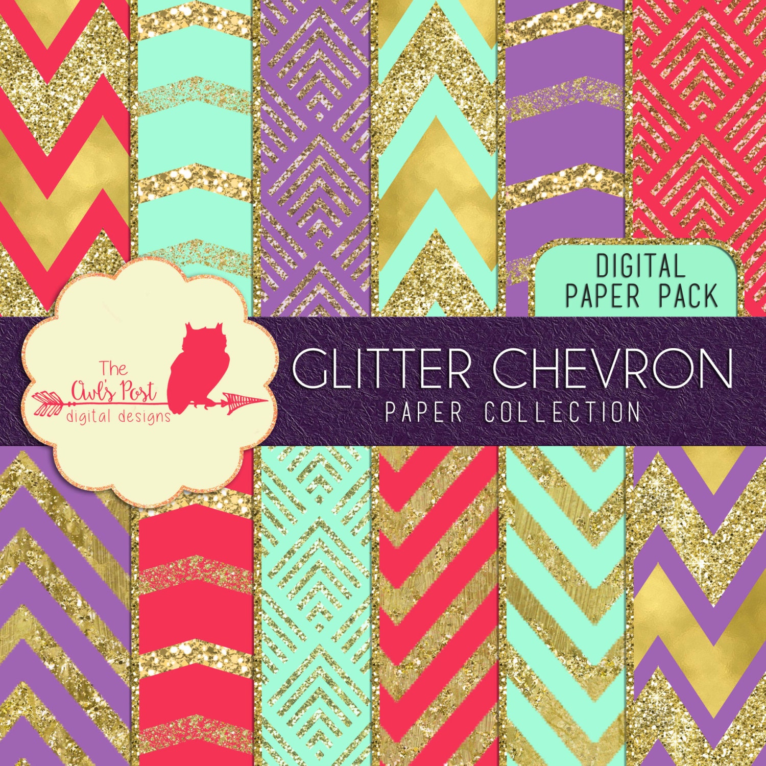 Pink Purple Teal & Gold Chevron Gold Glitter and Foil