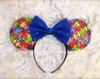 Autism Awareness- Mouse Ears- Minnie Mouse Ears- Mickey Mouse Ears- Bows- puzzel- Monogram