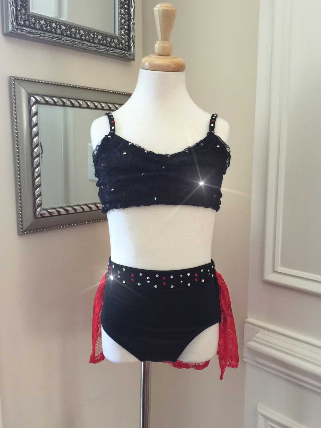2 Piece Lyrical Dance CostumeBlack and Red JAZZ with Lace